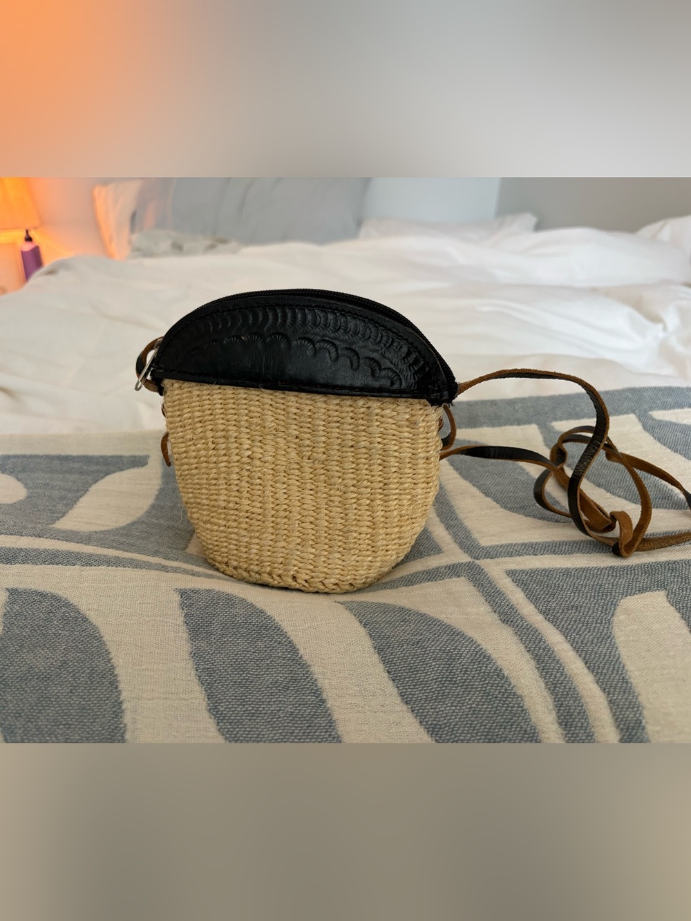 Woven Straw Crossbody Bag with Black Leather Trim